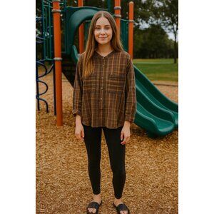 Armani Jeans Womens Oversized Plaid Button Down Shirt L Brown Cotton